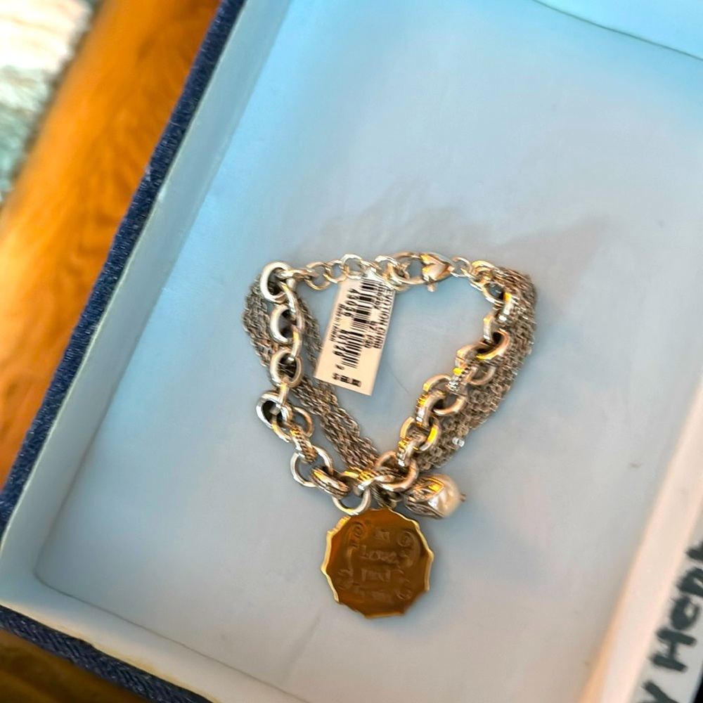 BRIGHTON DEVOTION CHERUB NWT GORGEOUS SILVER BRACELET W/ GOLD MEDAL & PEARL